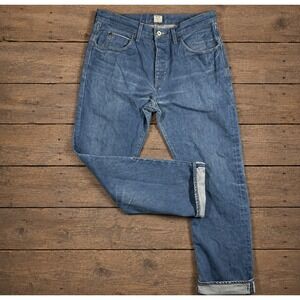 J.Crew Vintage Slim Jeans Mens 33x30 Blue Cotton Button Fly Handmade in Canada